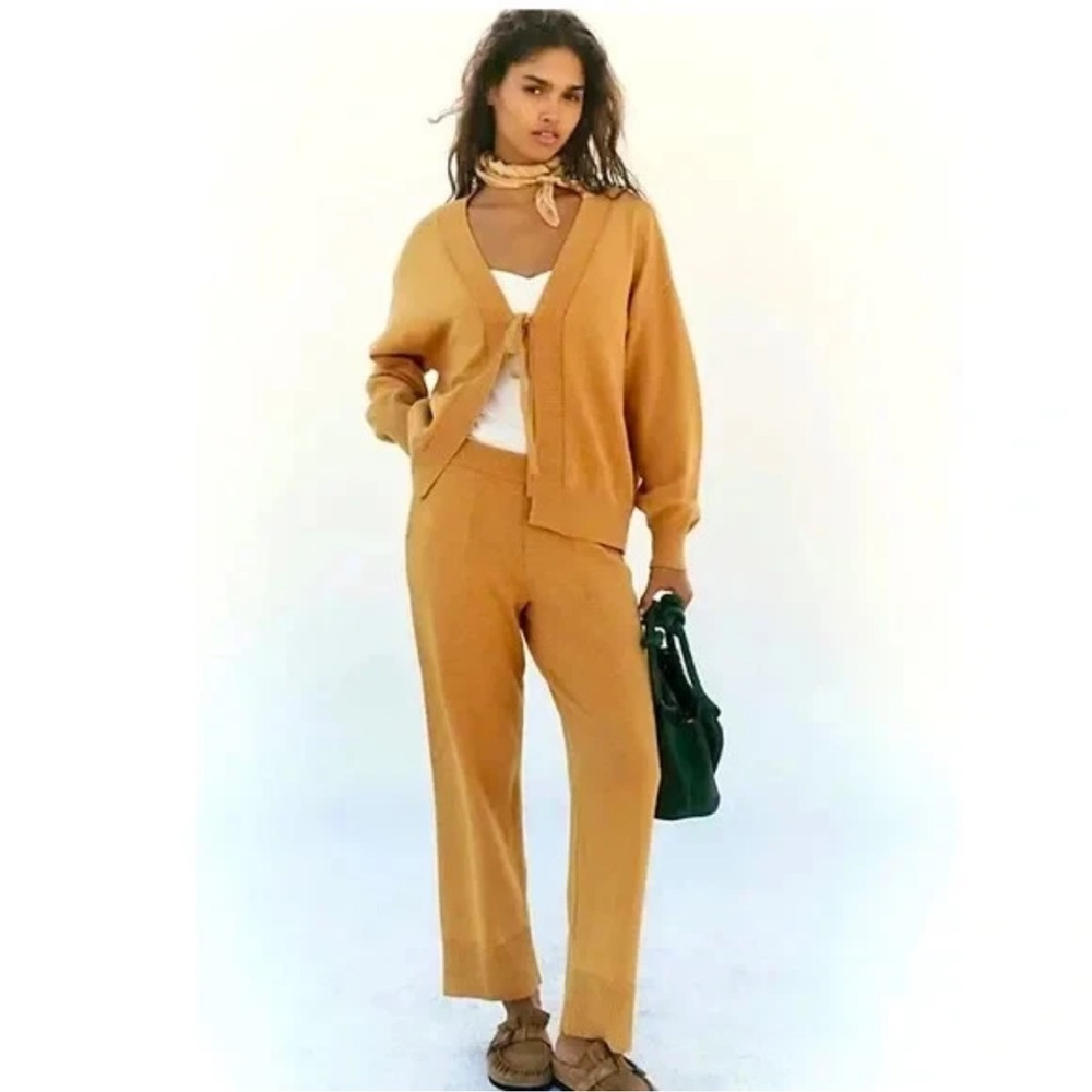 NWOT Free People Beach Womens Solar 2 Piece Cardigan & Pants Set XS Gold Heather